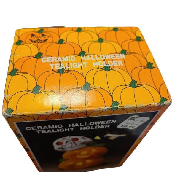 Vintage Pumpkin Time Ceramic Halloween Tealight Holder Skull Jack o' Lantern - Picture 6 of 6